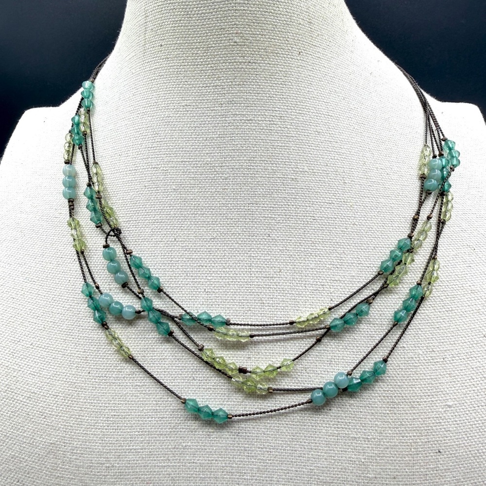 Boho Multistrand Necklace Aqua Green Bead Antiqued Bronze Tone Layered Statement